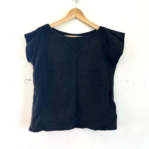 VTG 100% Leather Suede Black Boat Neck Boxy Top Blouse‎ Union Made Size 8 - Picture 1 of 11